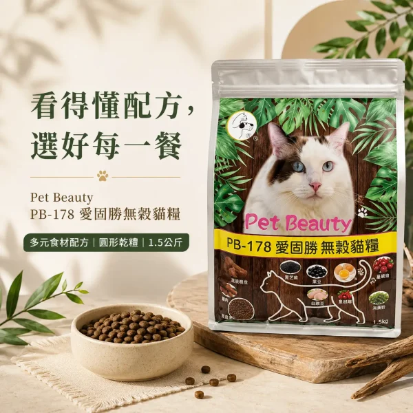 Pet Beauty PB-178 愛固勝無穀貓糧 1.5公斤商品包裝與圓形乾糧