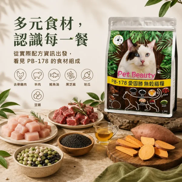 Pet Beauty PB-178 無穀貓糧與去骨雞肉、豆類等配方食材視覺