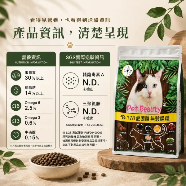 Pet Beauty PB-178 愛固勝無穀貓糧營養分析資訊圖