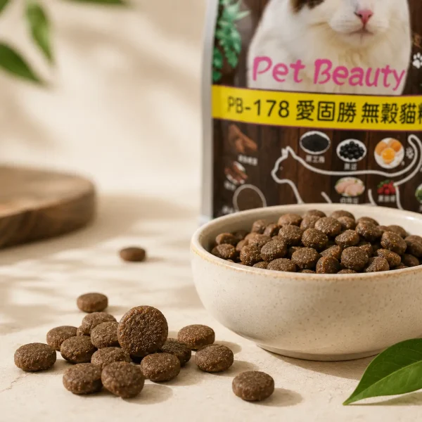 PB-178 愛固勝無穀貓糧深棕色圓形乾糧顆粒特寫